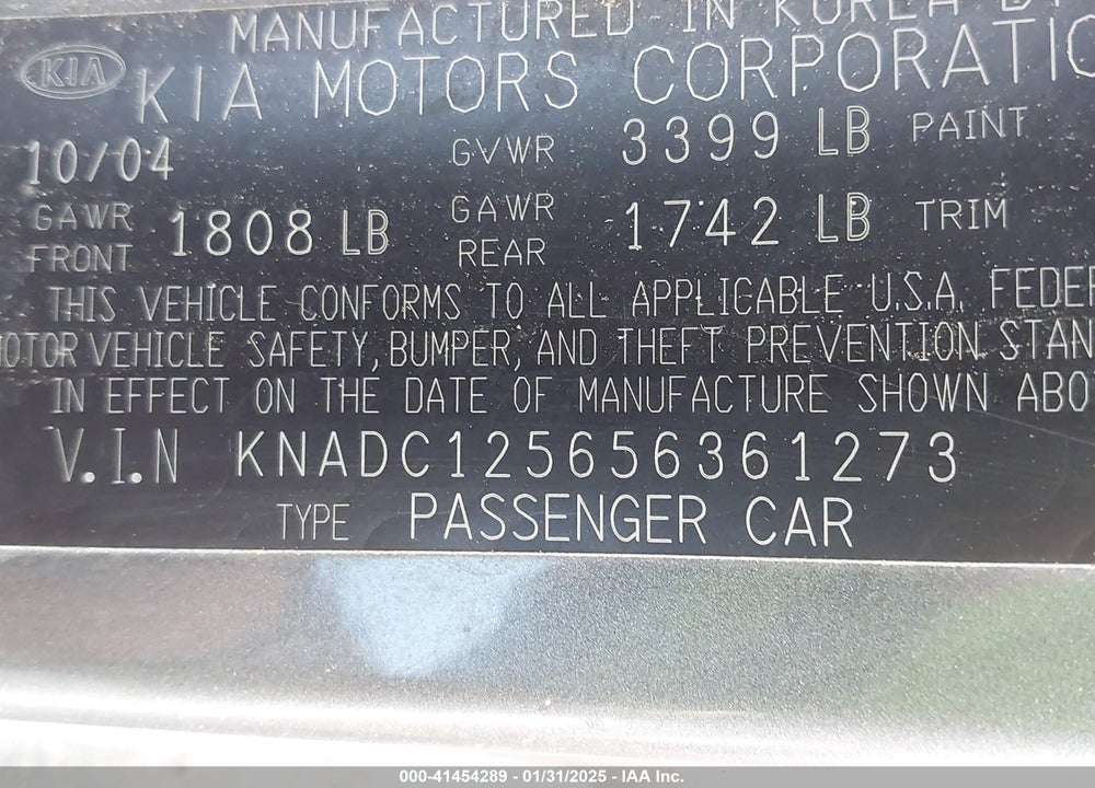 2005 KIA RIO VIN: KNADC125656361273