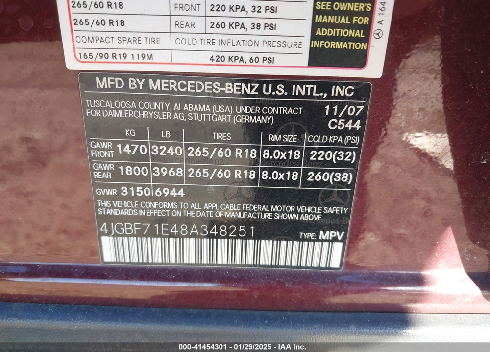2008 MERCEDES-BENZ GL 450 VIN: 4JGBF71E48A348251