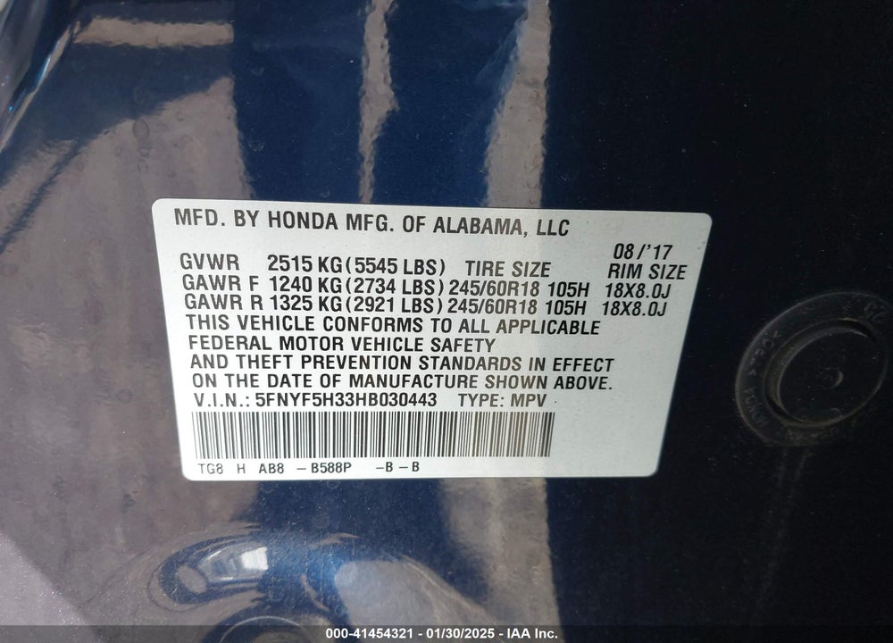 2017 HONDA PILOT EX VIN: 5FNYF5H33HB030443