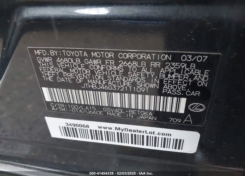 2007 LEXUS ES 350 VIN: JTHBJ46G372111091