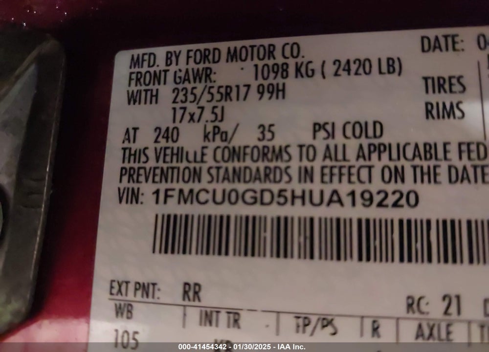 2017 FORD ESCAPE SE VIN: 1FMCU0GD5HUA19220