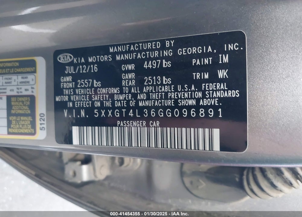 2016 KIA OPTIMA VIN: 5XXGT4L36GG096891
