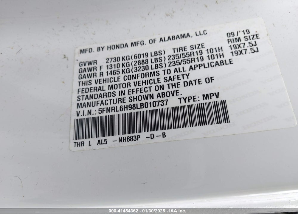 2020 HONDA ODYSSEY ELITE VIN: 5FNRL6H98LB010737