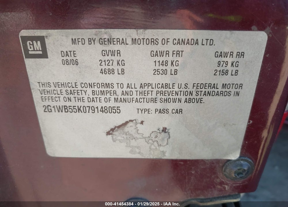 2007 CHEVROLET IMPALA VIN: 2G1WB55K079148055