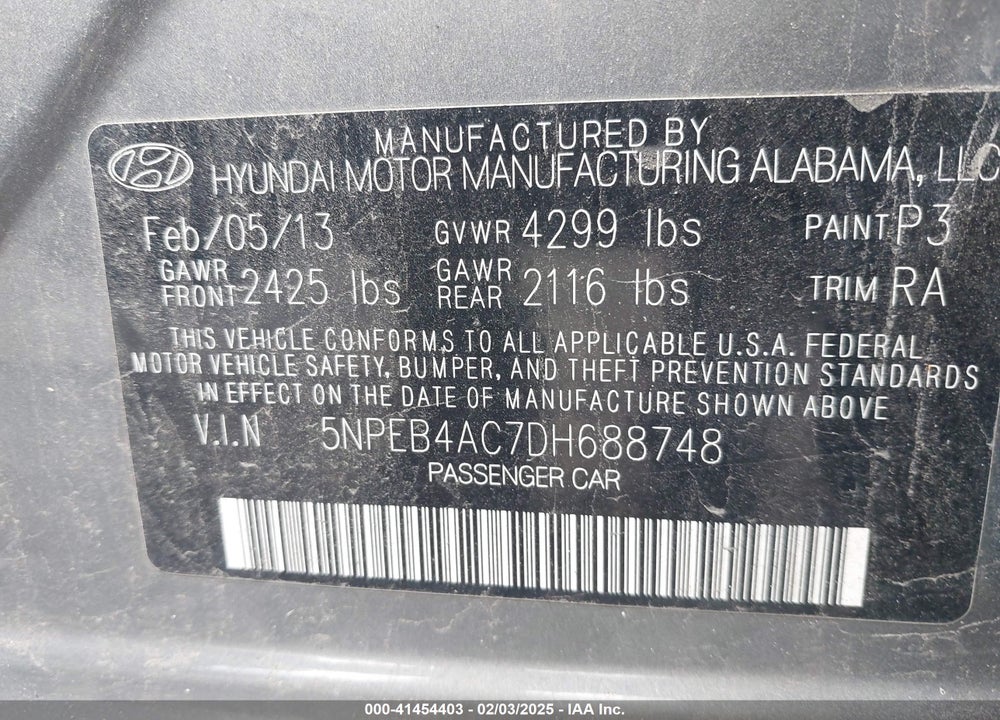 2013 HYUNDAI SONATA VIN: 5NPEB4AC7DH688748