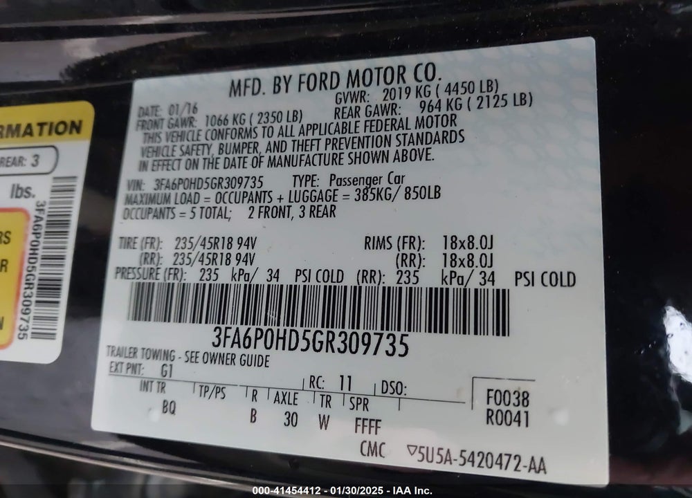 2016 FORD FUSION VIN: 3FA6P0HD5GR309735