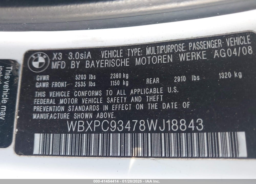 2008 BMW X3 3.0SI VIN: WBXPC93478WJ18843