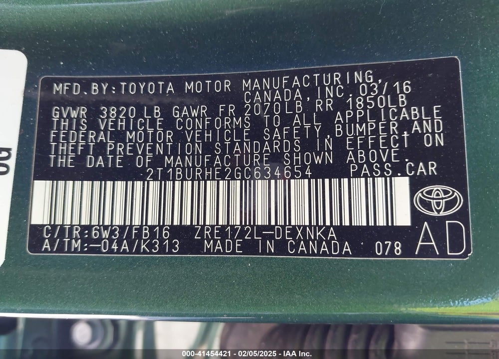 2016 TOYOTA COROLLA VIN: 2T1BURHE2GC634654