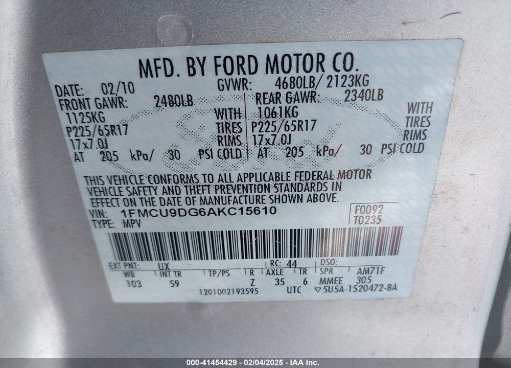 2010 FORD ESCAPE XLT VIN: 1FMCU9DG6AKC15610