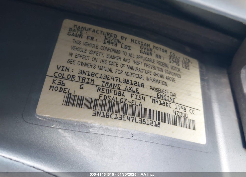 2007 NISSAN VERSA VIN: 3N1BC13E47L381218