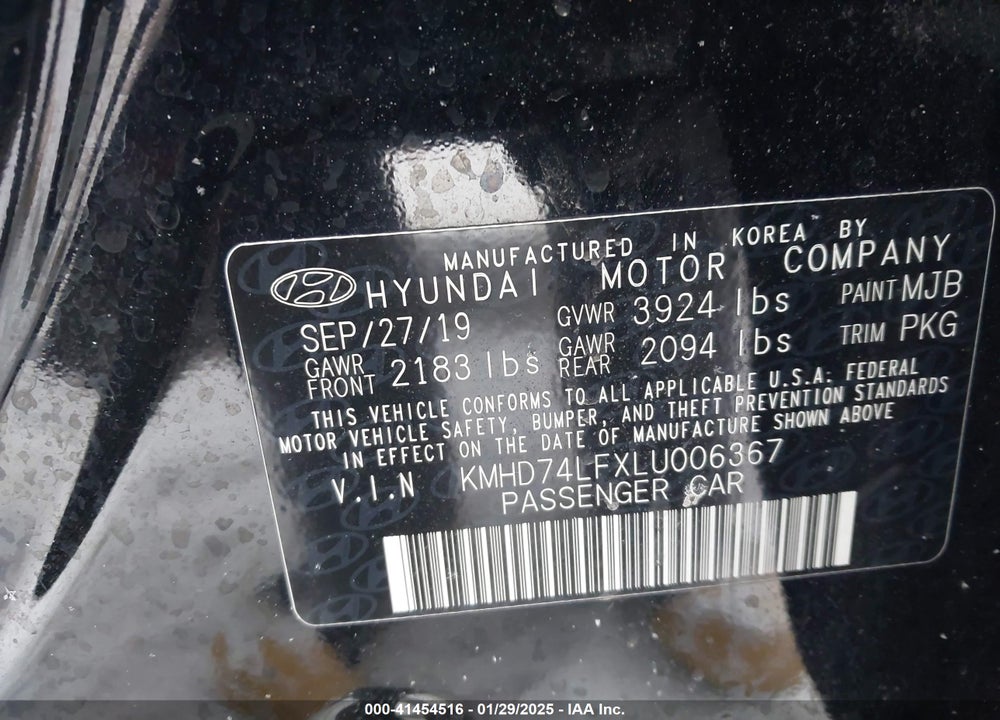 2020 HYUNDAI ELANTRA VIN: KMHD74LFXLU006367