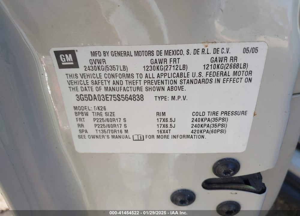 2005 BUICK RENDEZVOUS CX VIN: 3G5DA03E75S564838