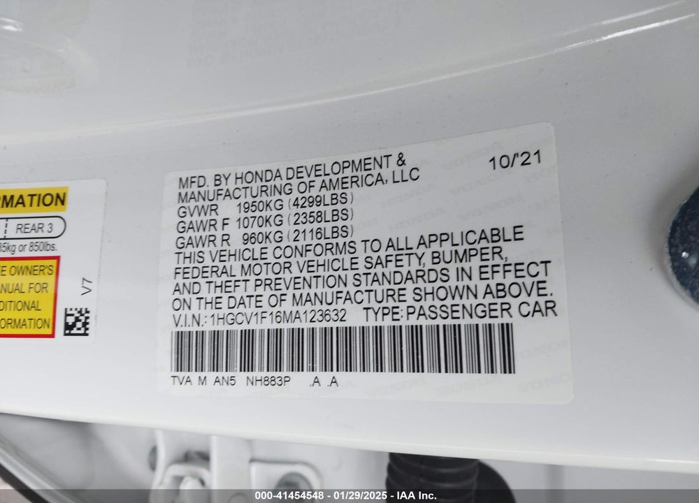 2021 HONDA ACCORD VIN: 1HGCV1F16MA123632