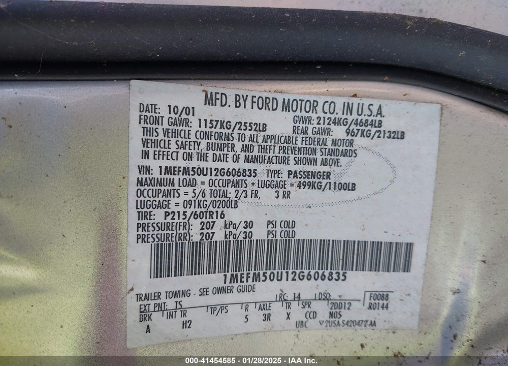 2002 MERCURY SABLE GS VIN: 1MEFM50U12G606835