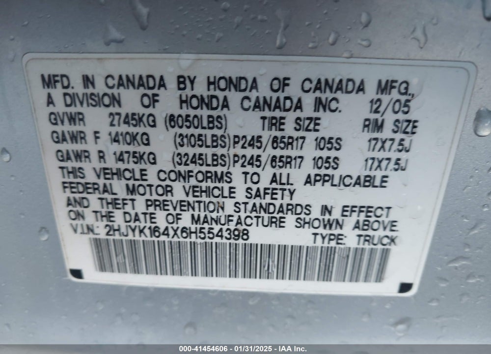 2006 HONDA RIDGELINE VIN: 2HJYK164X6H554398