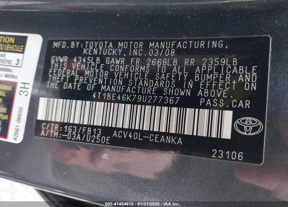 2009 TOYOTA CAMRY LE VIN: 4T1BE46K79U277367