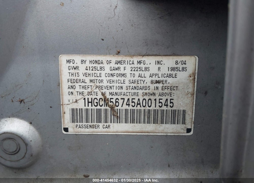 2005 HONDA ACCORD 2.4 EX VIN: 1HGCM56745A001545