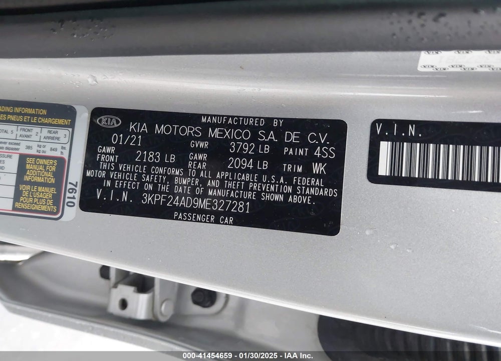 2021 KIA FORTE VIN: 3KPF24AD9ME327281