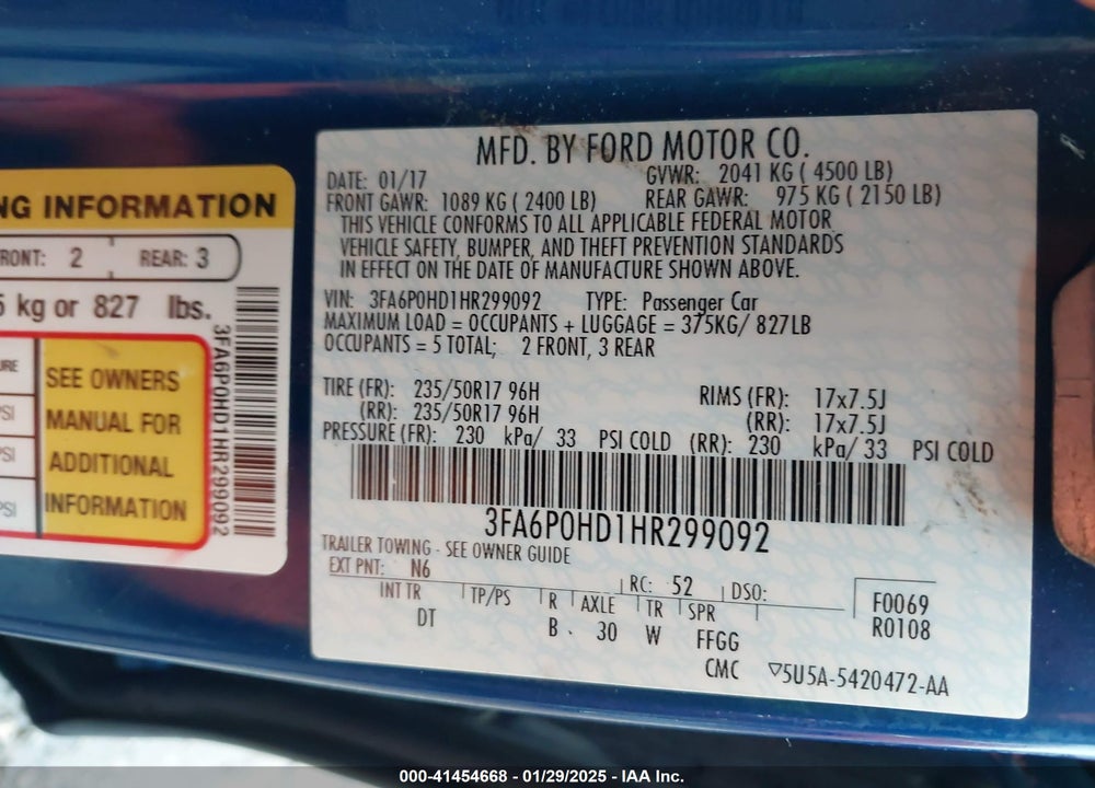 2017 FORD FUSION VIN: 3FA6P0HD1HR299092