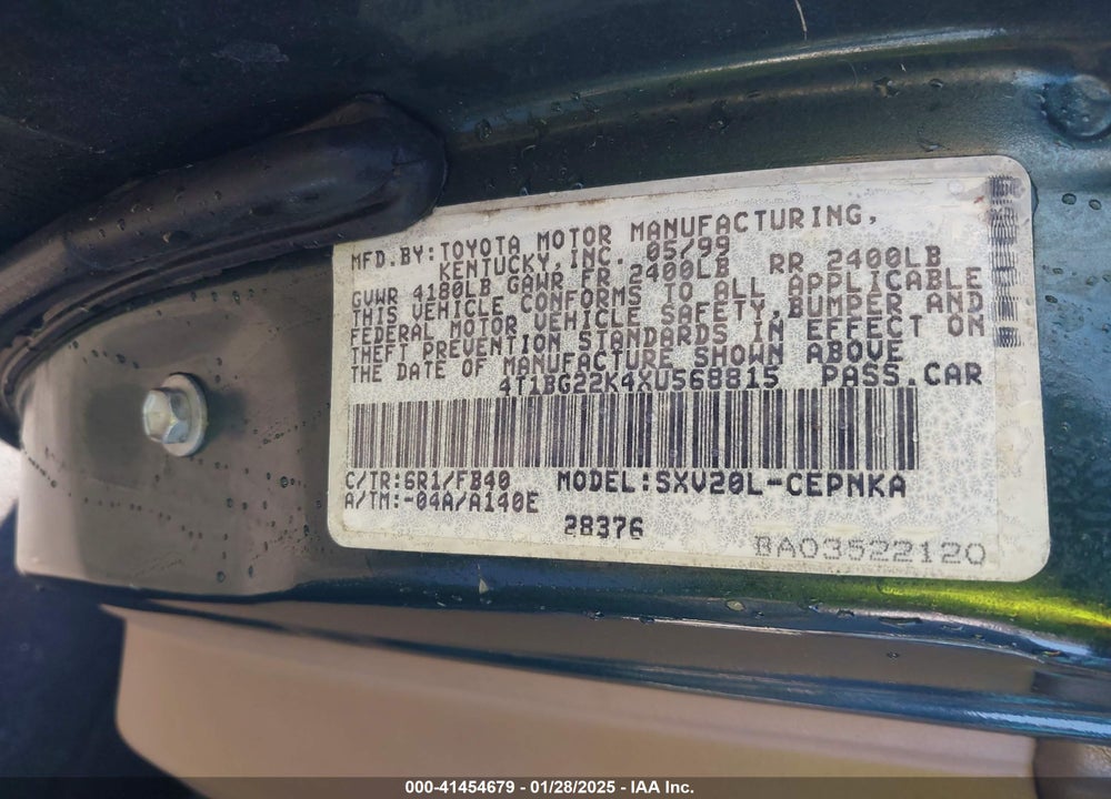 1999 TOYOTA CAMRY LE VIN: 4T1BG22K4XU568815