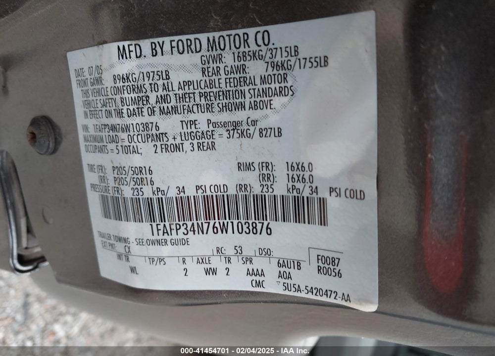 2006 FORD FOCUS ZX4 VIN: 1FAFP34N76W103876