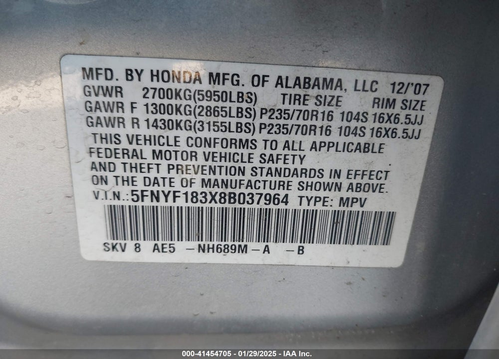 2008 HONDA PILOT SE VIN: 5FNYF183X8B037964
