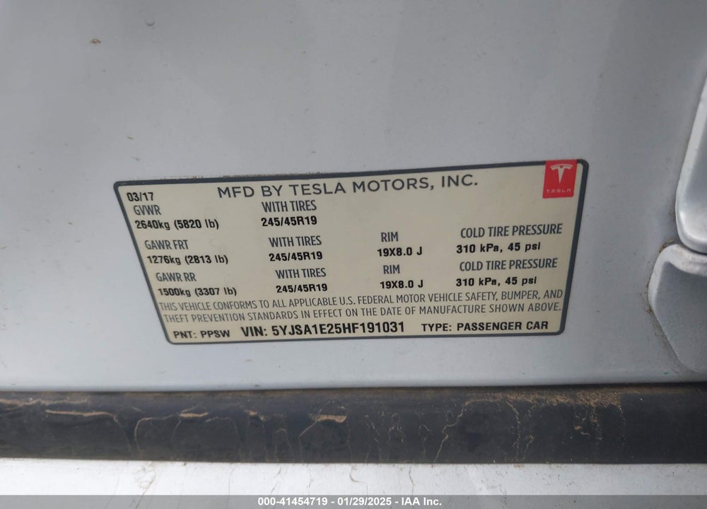 2017 TESLA MODEL S 100D/60D/75D/90D/P100D VIN: 5YJSA1E25HF191031