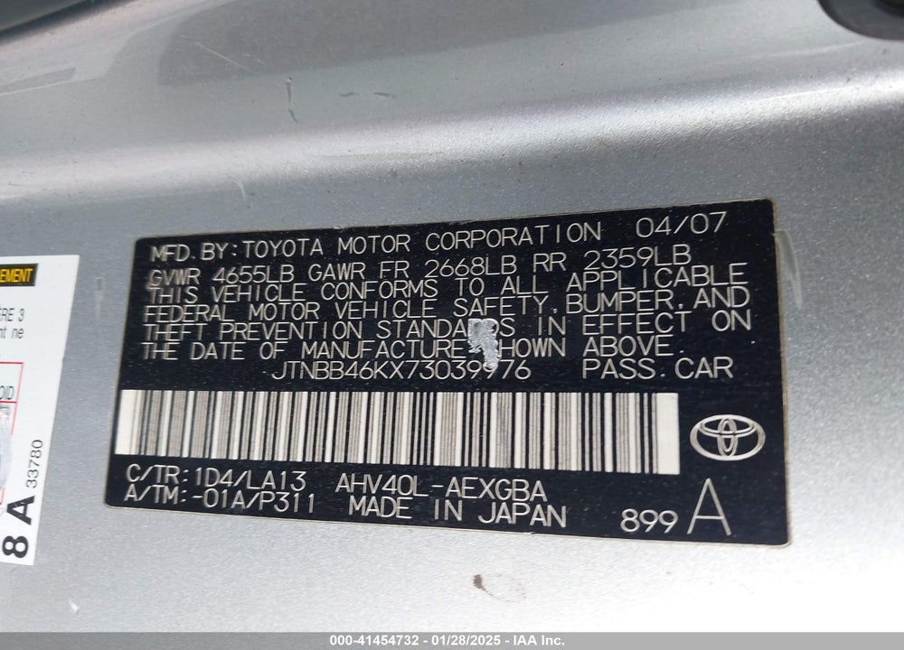 2007 TOYOTA CAMRY HYBRID VIN: JTNBB46KX73039976