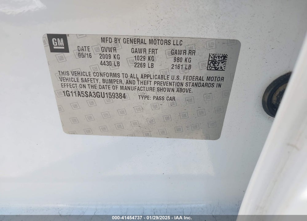 2016 CHEVROLET MALIBU LIMITED 1FL VIN: 1G11A5SA3GU159384