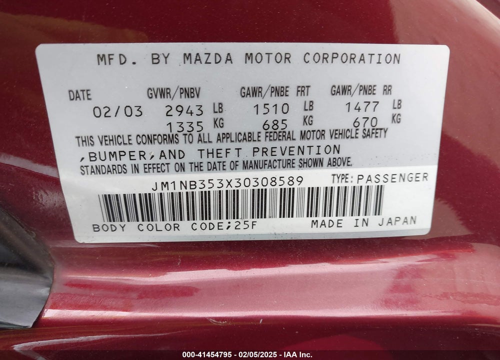 2003 MAZDA MX-5 MIATA CLOTH/LS/SE/SHINSEN VIN: JM1NB353X30308589