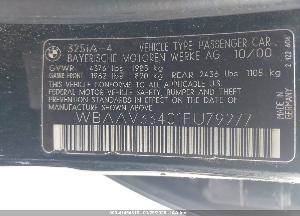 2001 BMW 325I VIN: WBAAV33401FU79277