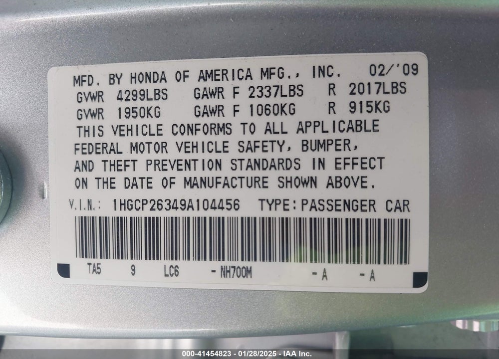 2009 HONDA ACCORD 2.4 LX VIN: 1HGCP26349A104456