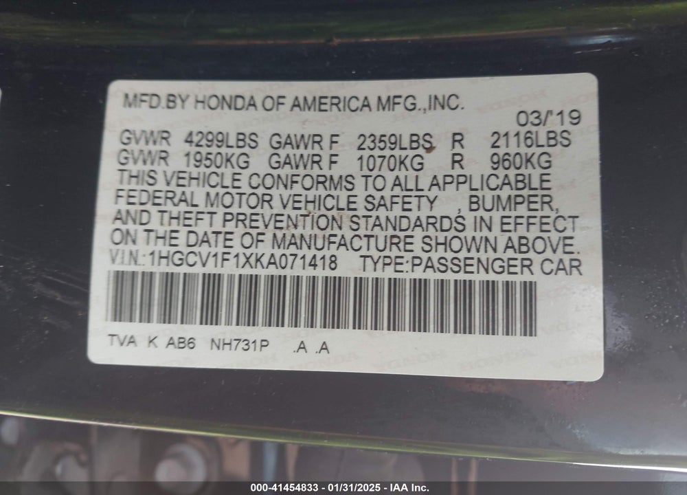 2019 HONDA ACCORD VIN: 1HGCV1F1XKA071418