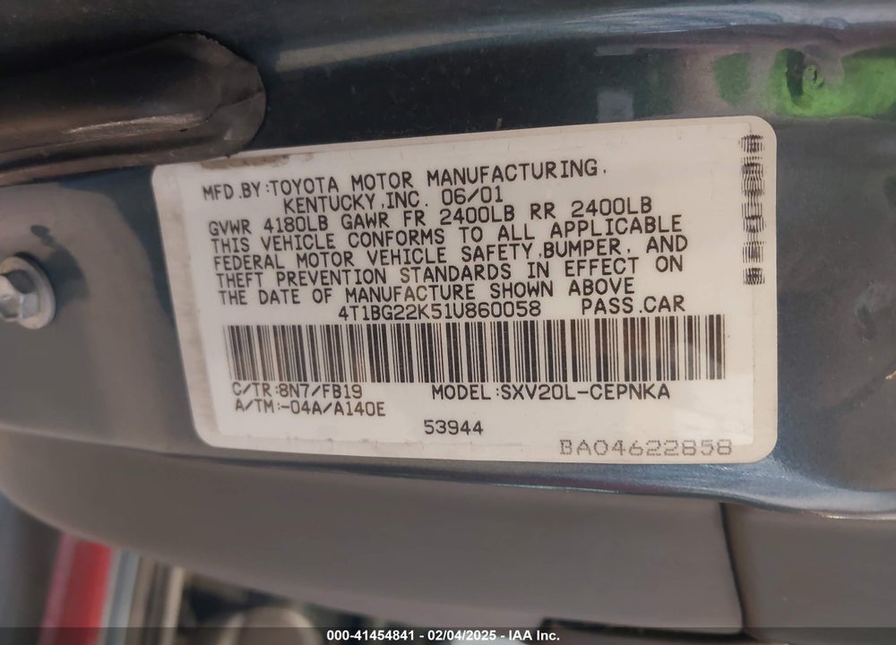 2001 TOYOTA CAMRY LE VIN: 4T1BG22K51U860058