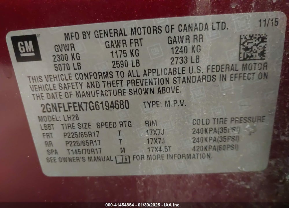 2016 CHEVROLET EQUINOX LT VIN: 2GNFLFEK7G6194680