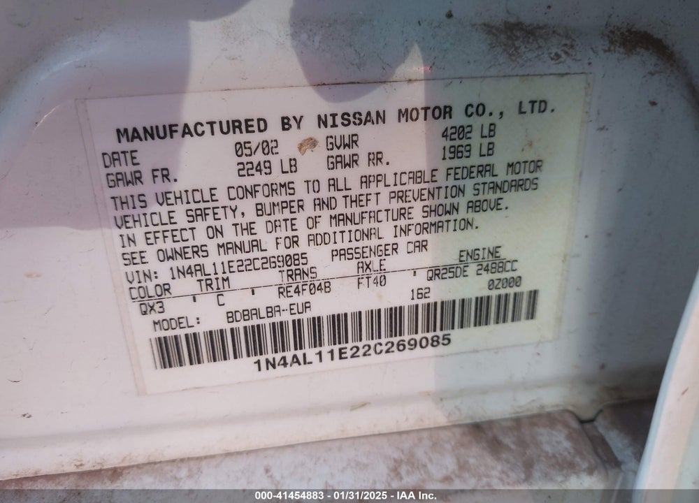 2002 NISSAN ALTIMA 2.5 SL VIN: 1N4AL11E22C269085