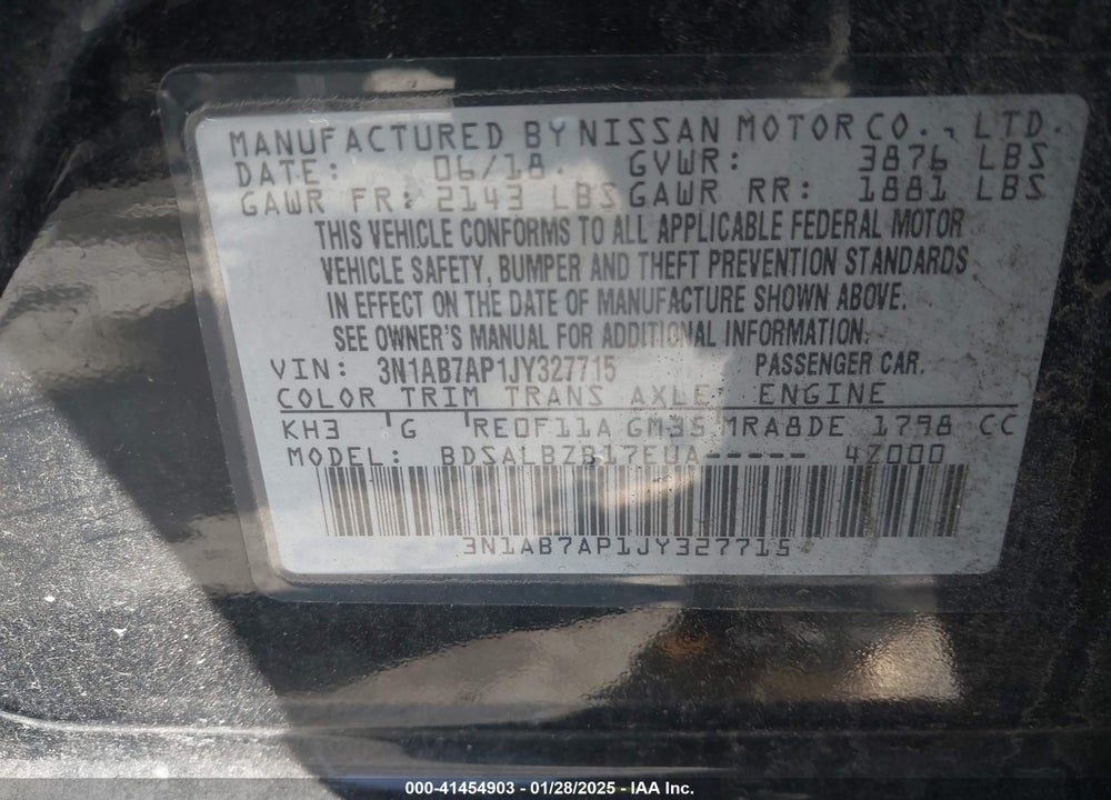 2018 NISSAN SENTRA VIN: 3N1AB7AP1JY327715