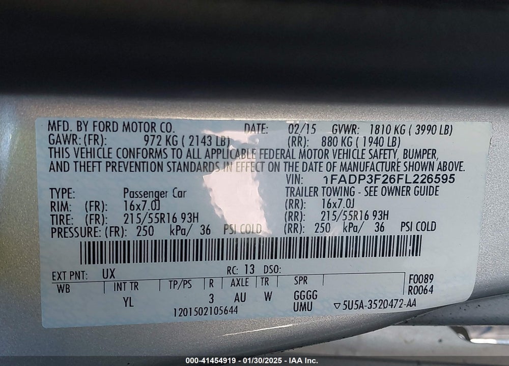 2015 FORD FOCUS VIN: 1FADP3F26FL226595