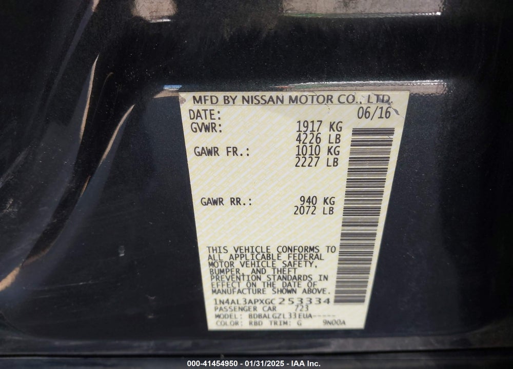 2016 NISSAN ALTIMA VIN: 1N4AL3APXGC253334