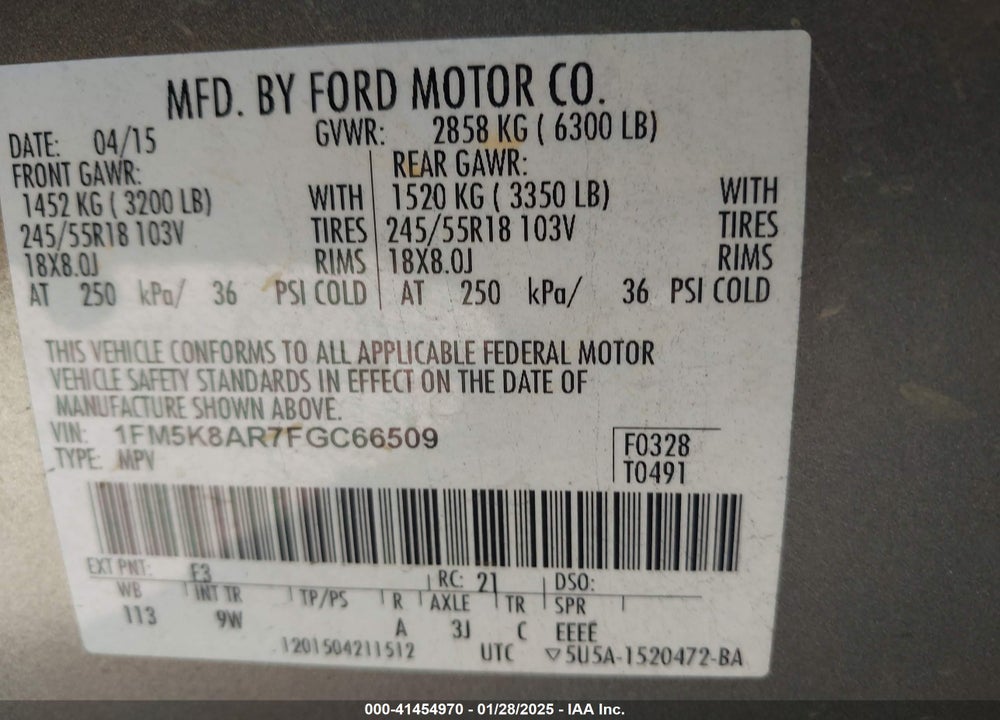 2015 FORD POLICE INTERCEPTOR VIN: 1FM5K8AR7FGC66509
