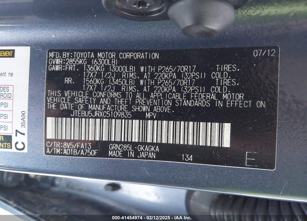 2012 TOYOTA 4RUNNER VIN: JTEBU5JRXC5109835