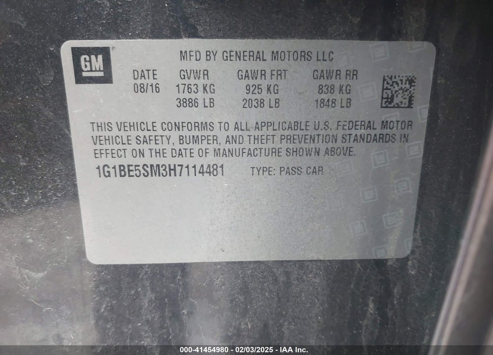 2017 CHEVROLET CRUZE VIN: 1G1BE5SM3H7114481