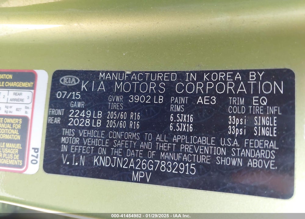 2016 KIA SOUL VIN: KNDJN2A26G7832915