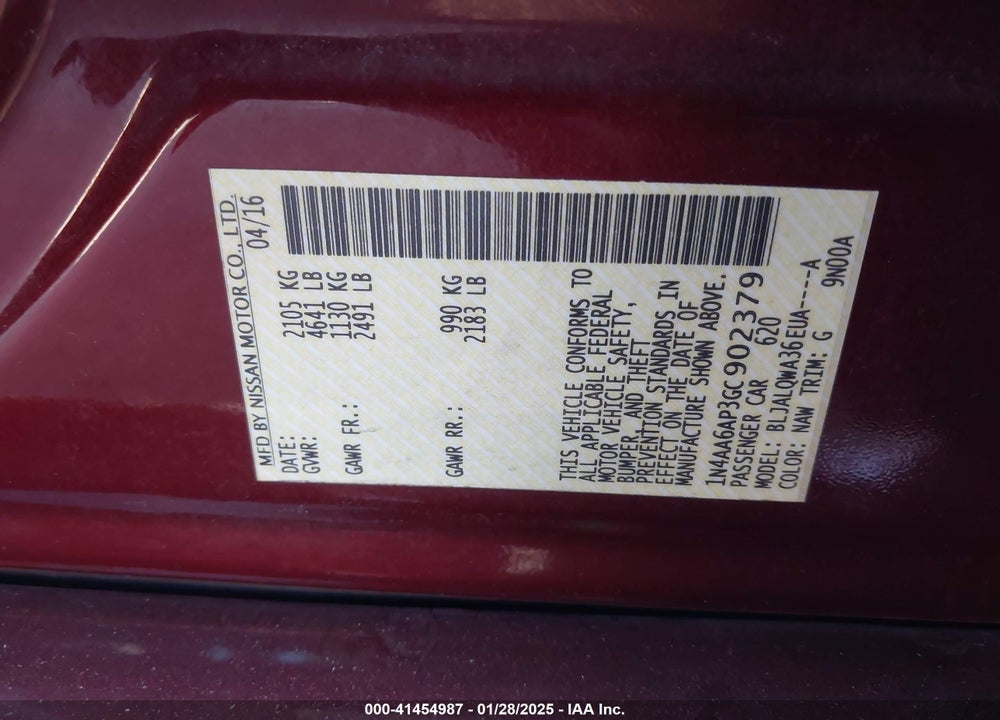 2016 NISSAN MAXIMA VIN: 1N4AA6AP3GC902379