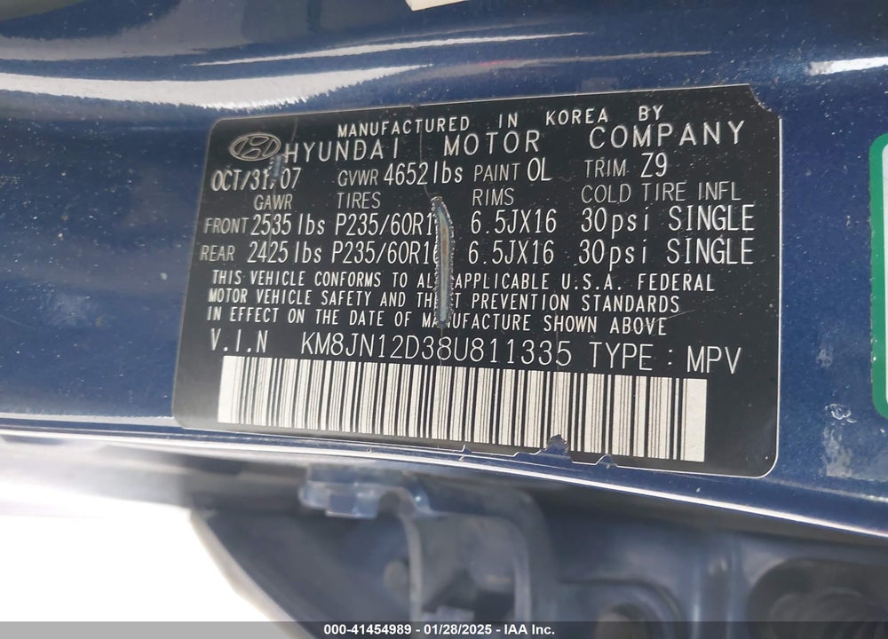 2008 HYUNDAI TUCSON LIMITED V6/SE VIN: KM8JN12D38U811335