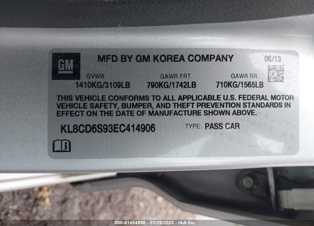 2014 CHEVROLET SPARK VIN: KL8CD6S93EC414906