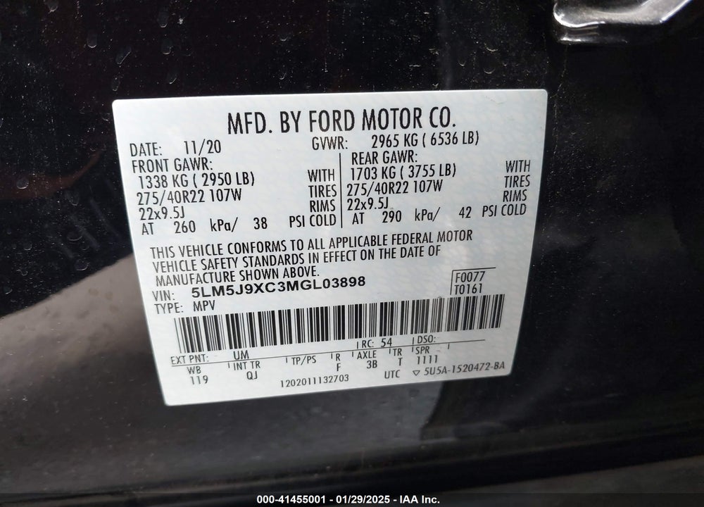 2021 LINCOLN AVIATOR BLACK LABEL VIN: 5LM5J9XC3MGL03898