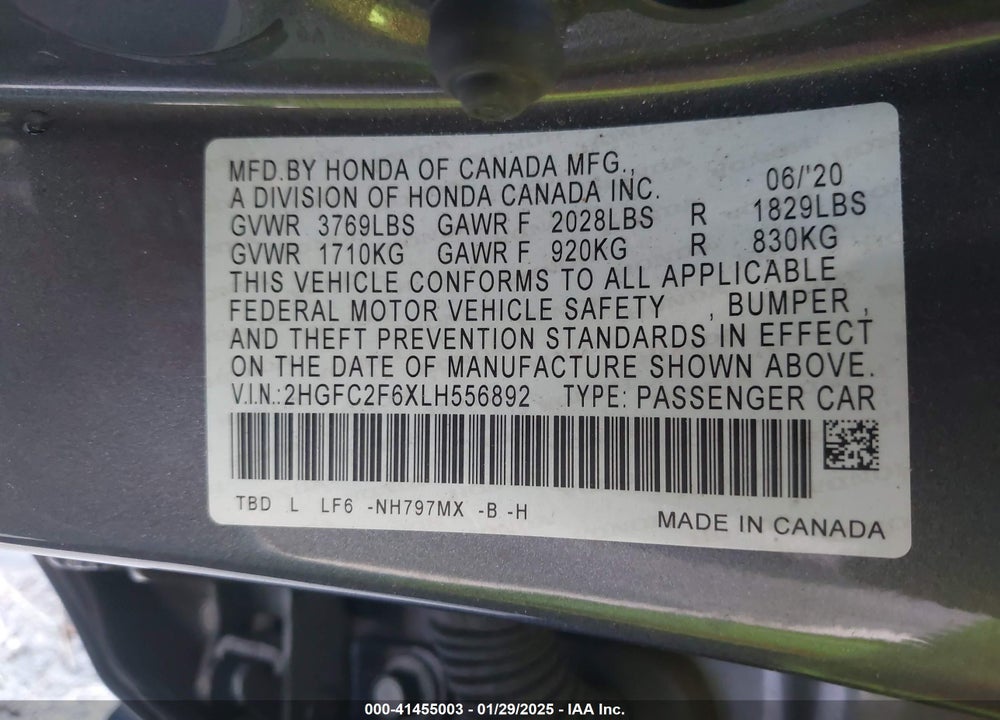 2020 HONDA CIVIC LX VIN: 2HGFC2F6XLH556892