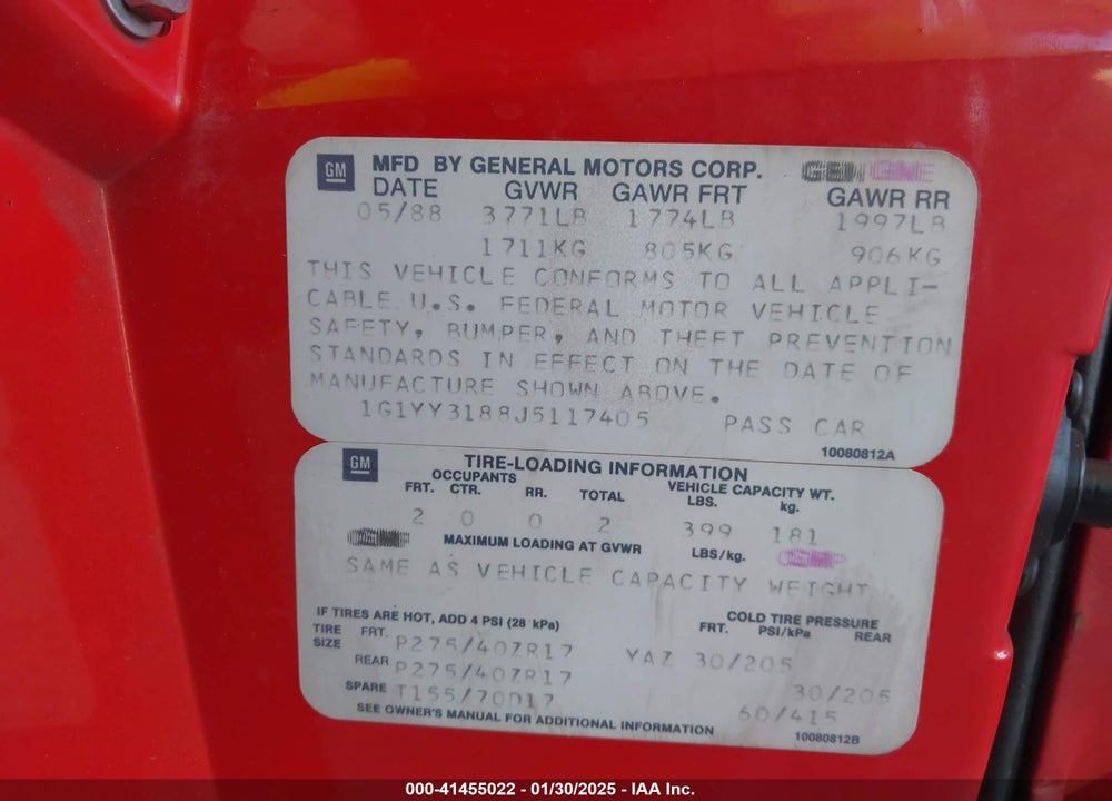 1988 CHEVROLET CORVETTE VIN: 1G1YY3188J5117405
