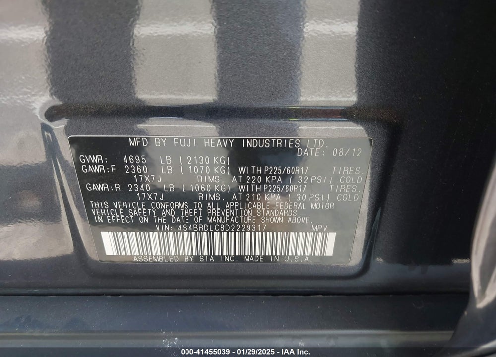 2013 SUBARU OUTBACK 3.6R LIMITED VIN: 4S4BRDLC8D2229317